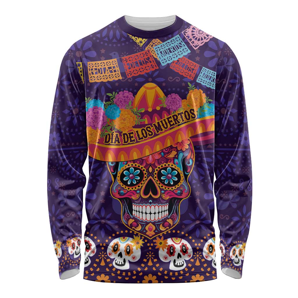 Purple unisex long-sleeve shirt with sugar skull and Dia de los Muertos graphic