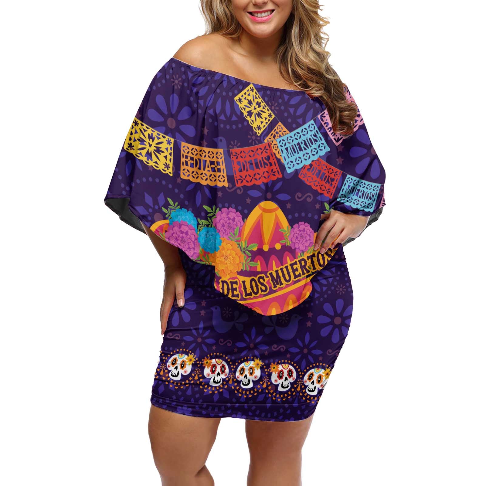 Personalised Mexico Day Of The Dead Off Shoulder Short Dress Sugar Skull With Maracas Mexican Folk Pattern LT15