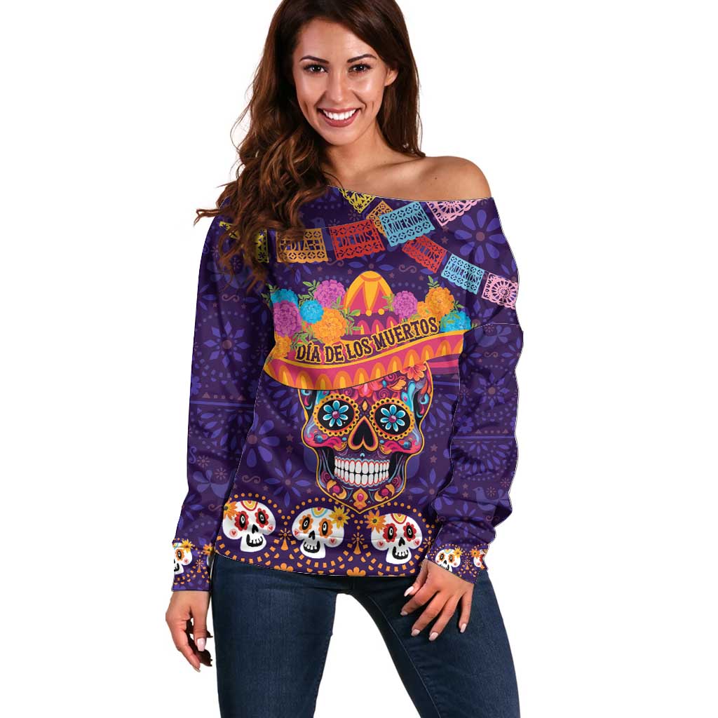 Personalised Mexico Day Of The Dead Off Shoulder Sweater Sugar Skull With Maracas Mexican Folk Pattern LT15