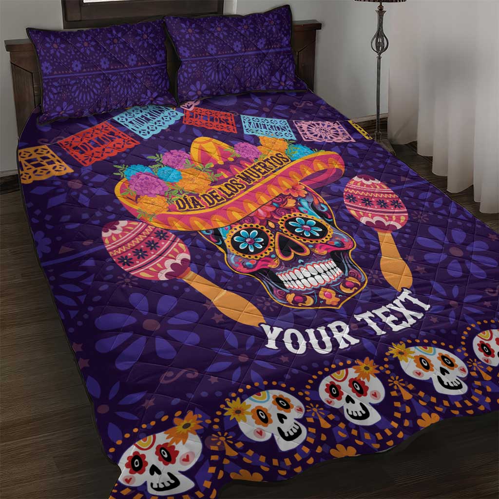 Personalised Mexico Day Of The Dead Quilt Bed Set Sugar Skull With Maracas Mexican Folk Pattern