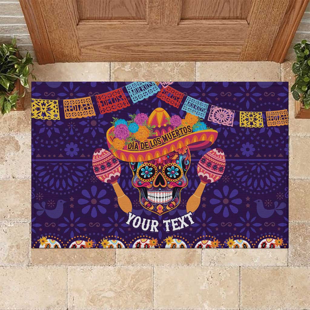 Personalised Mexico Day Of The Dead Rubber Doormat Sugar Skull With Maracas Mexican Folk Pattern