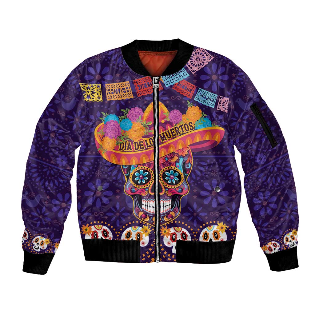 Personalised Mexico Day Of The Dead Sleeve Zip Bomber Jacket Sugar Skull With Maracas Mexican Folk Pattern LT15