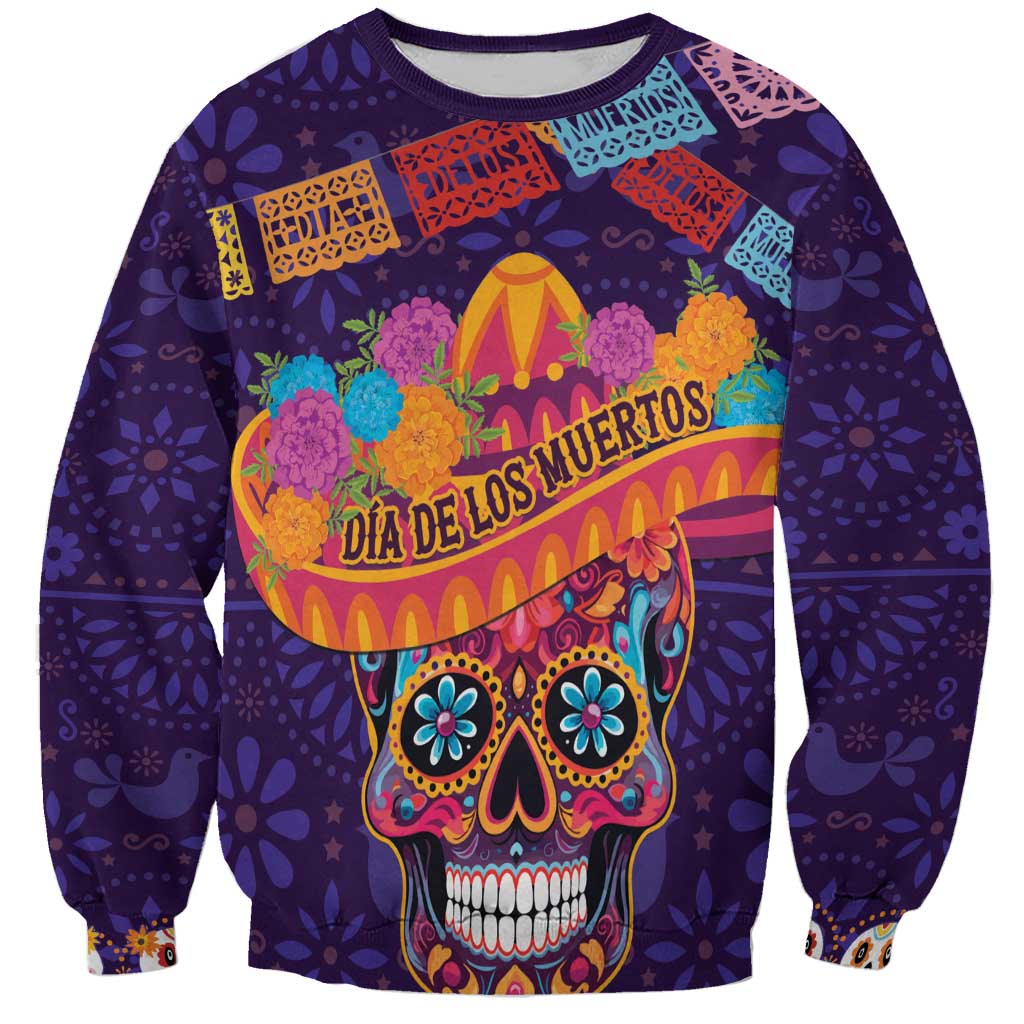 Purple unisex sweatshirt featuring colorful sugar skull front graphic
