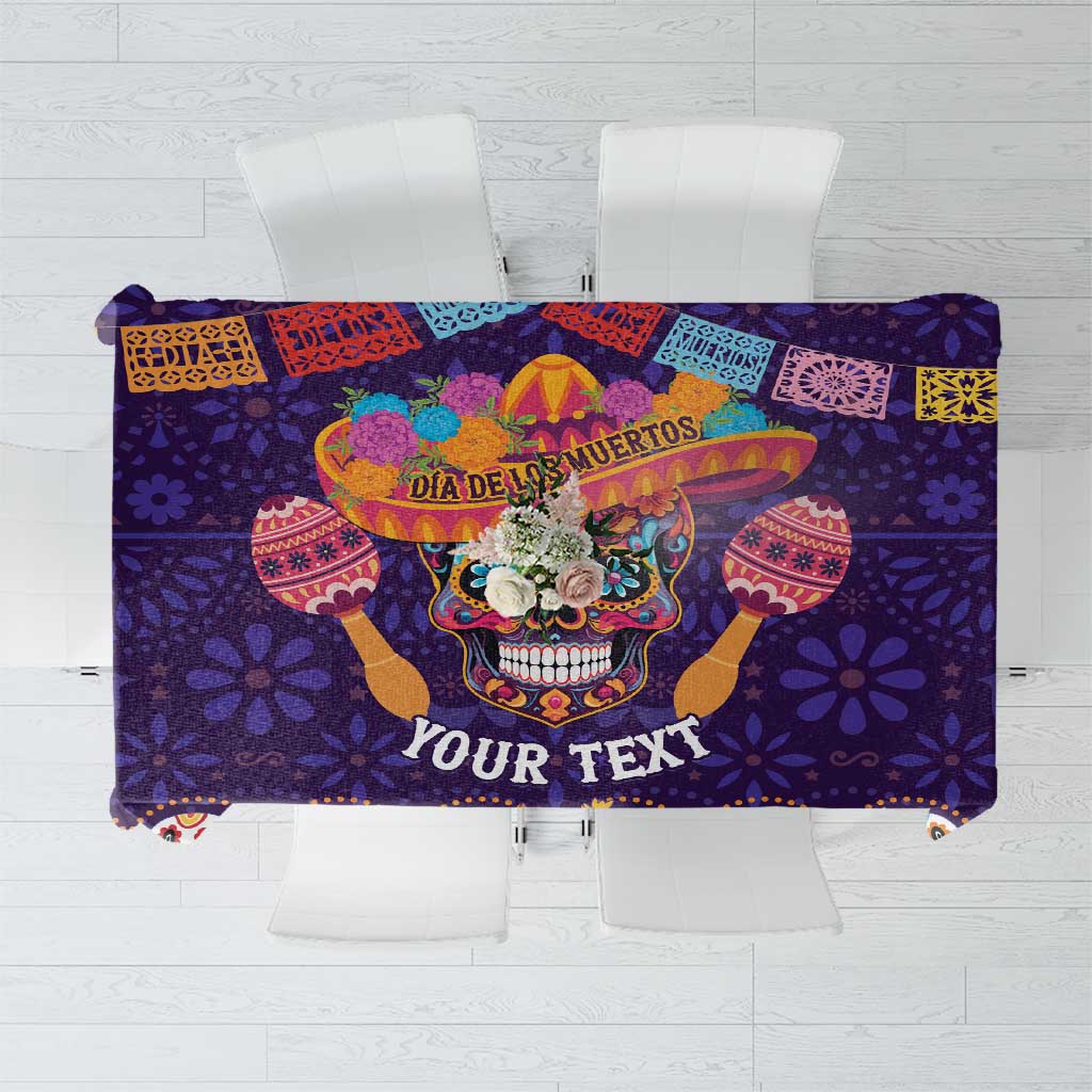 Purple Day of the Dead tablecloth with sugar skull design and “YOUR TEXT” print