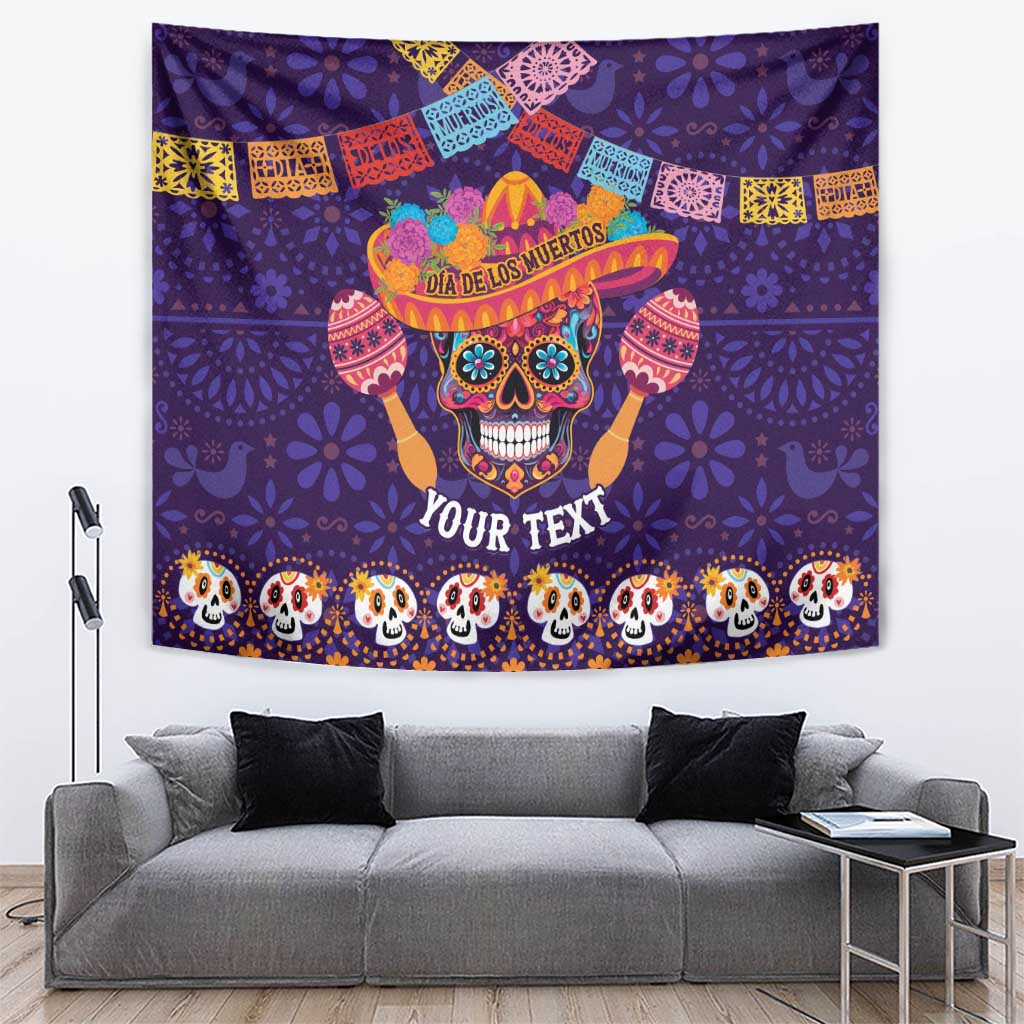 Purple hanging tapestry with Day of the Dead skull, maracas, and row of mini skulls