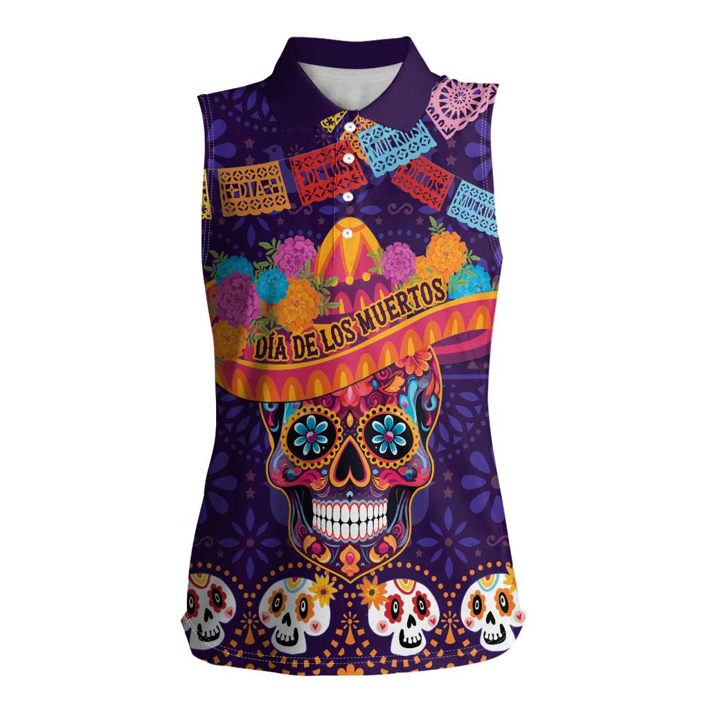 Personalised Mexico Day Of The Dead Women Sleeveless Polo Shirt Sugar Skull With Maracas Mexican Folk Pattern LT15