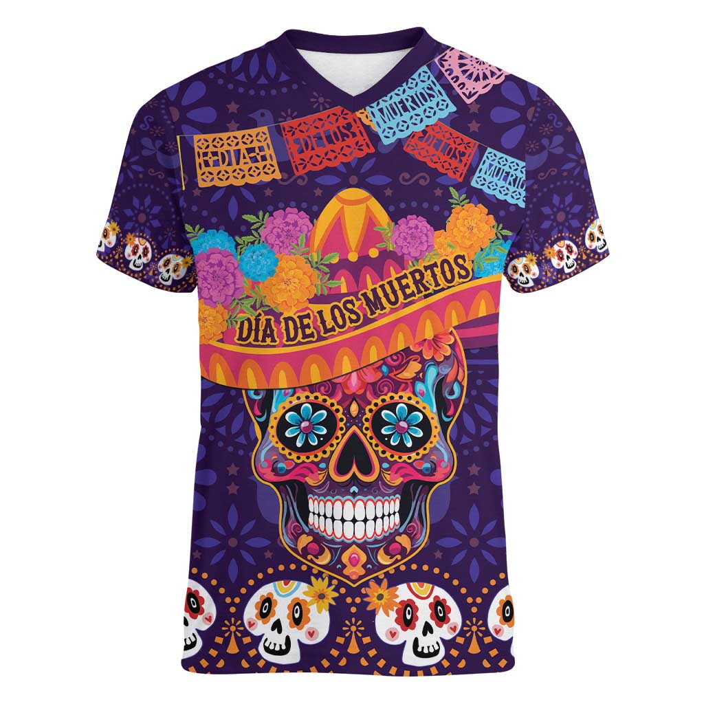 Personalised Mexico Day Of The Dead Women V-Neck T-Shirt Sugar Skull With Maracas Mexican Folk Pattern LT15