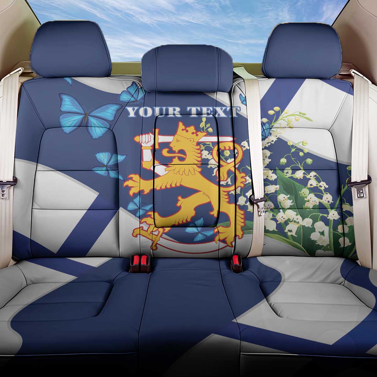 Personalised Finland Independence Day Back Car Seat Cover Lily Of The Valley Mix Holly Blue - Coat Of Arms Style - Wonder Print Shop