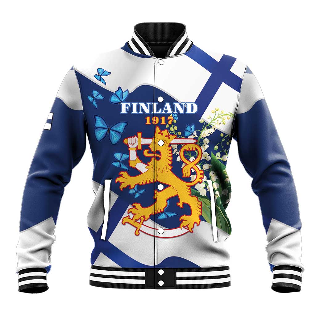 Personalised Finland Independence Day Baseball Jacket Lily Of The Valley Mix Holly Blue - Coat Of Arms Style - Wonder Print Shop