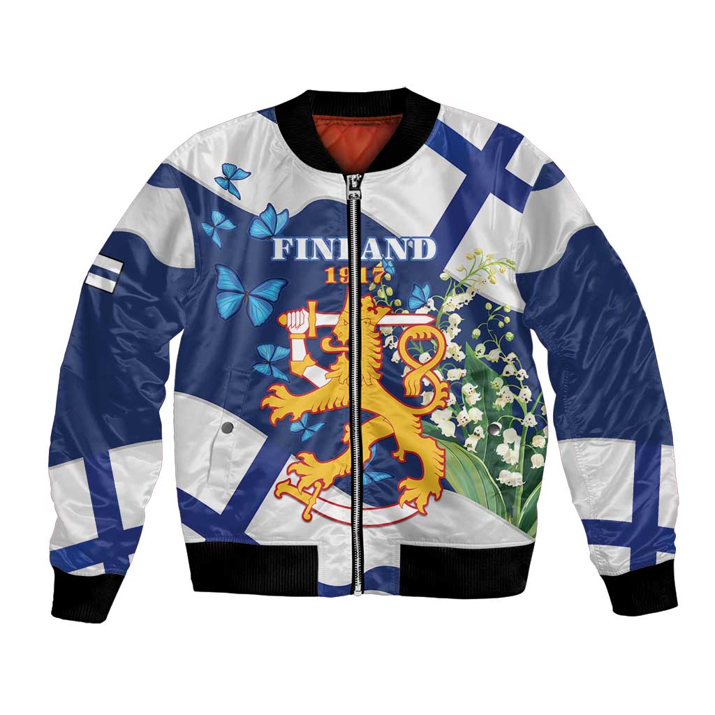 Personalised Finland Independence Day Bomber Jacket Lily Of The Valley Mix Holly Blue - Coat Of Arms Style - Wonder Print Shop