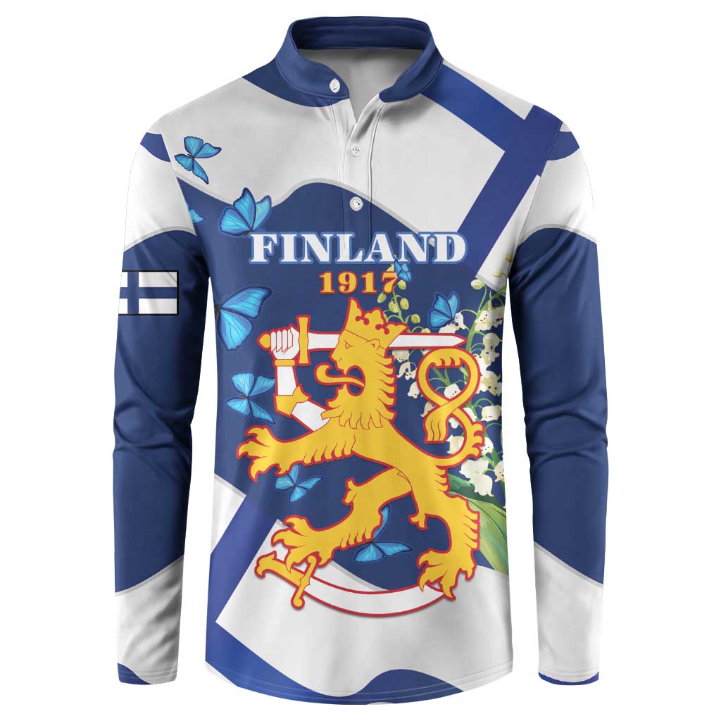 Blue-and-white button henley sweatshirt with Finland 1917 crest and floral accents