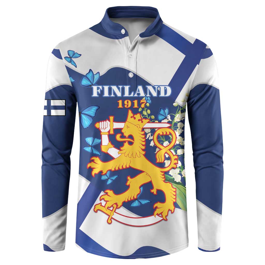 Personalised Finland Independence Day Button Sweatshirt Lily Of The Valley Mix Holly Blue - Coat Of Arms Style - Wonder Print Shop