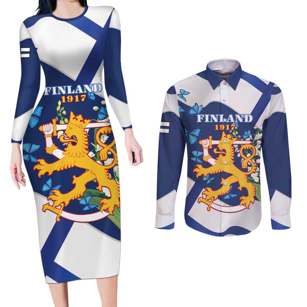 Personalised Finland Independence Day Couples Matching Long Sleeve Bodycon Dress and Long Sleeve Button Shirt Lily Of The Valley Mix Holly Blue - Coat Of Arms Style - Wonder Print Shop