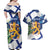 Personalised Finland Independence Day Couples Matching Off Shoulder Maxi Dress and Hawaiian Shirt Lily Of The Valley Mix Holly Blue - Coat Of Arms Style - Wonder Print Shop