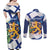 Personalised Finland Independence Day Couples Matching Off Shoulder Maxi Dress and Long Sleeve Button Shirt Lily Of The Valley Mix Holly Blue - Coat Of Arms Style - Wonder Print Shop