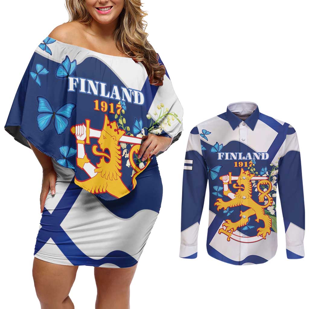 Personalised Finland Independence Day Couples Matching Off Shoulder Short Dress and Long Sleeve Button Shirt Lily Of The Valley Mix Holly Blue - Coat Of Arms Style - Wonder Print Shop