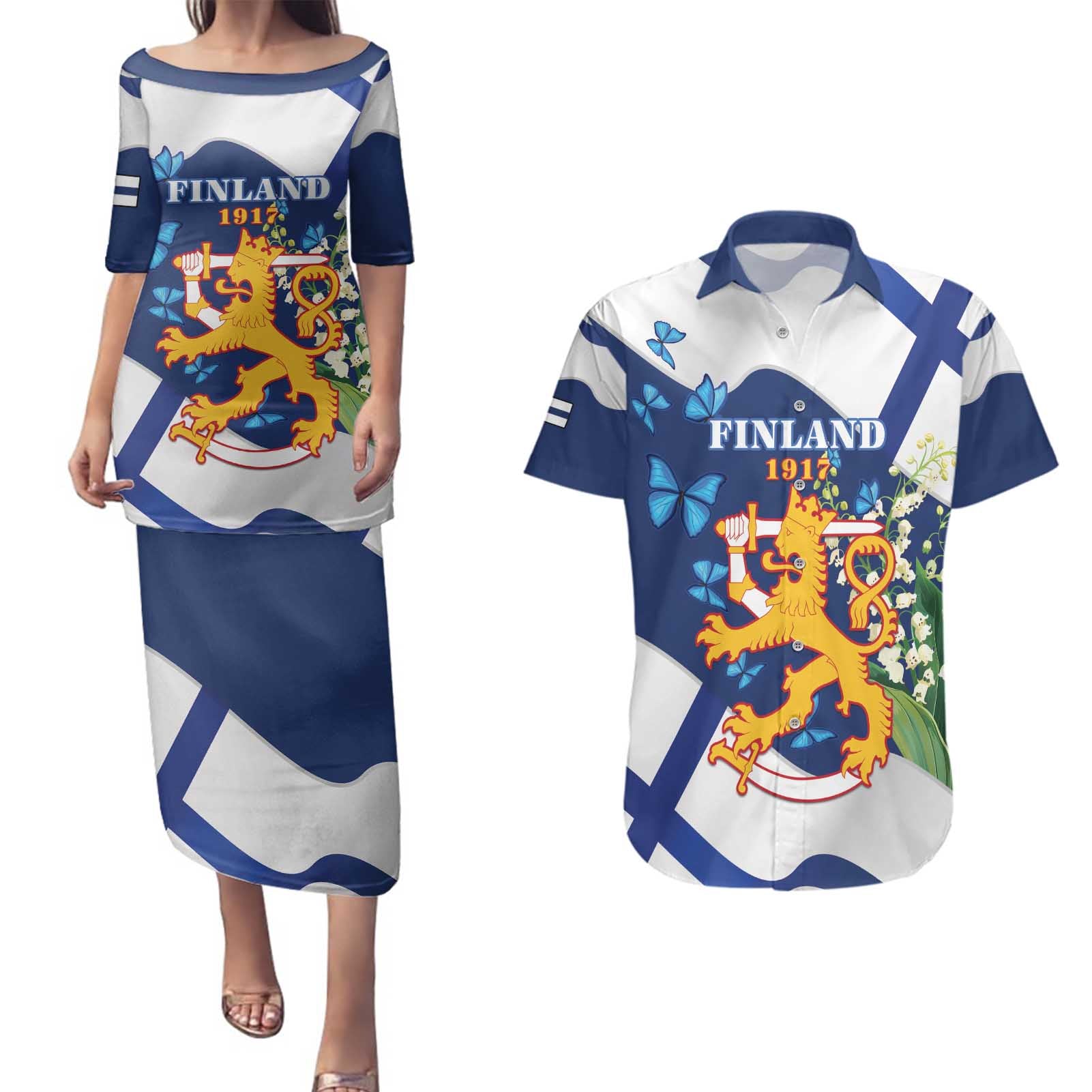 Personalised Finland Independence Day Couples Matching Puletasi and Hawaiian Shirt Lily Of The Valley Mix Holly Blue - Coat Of Arms Style - Wonder Print Shop