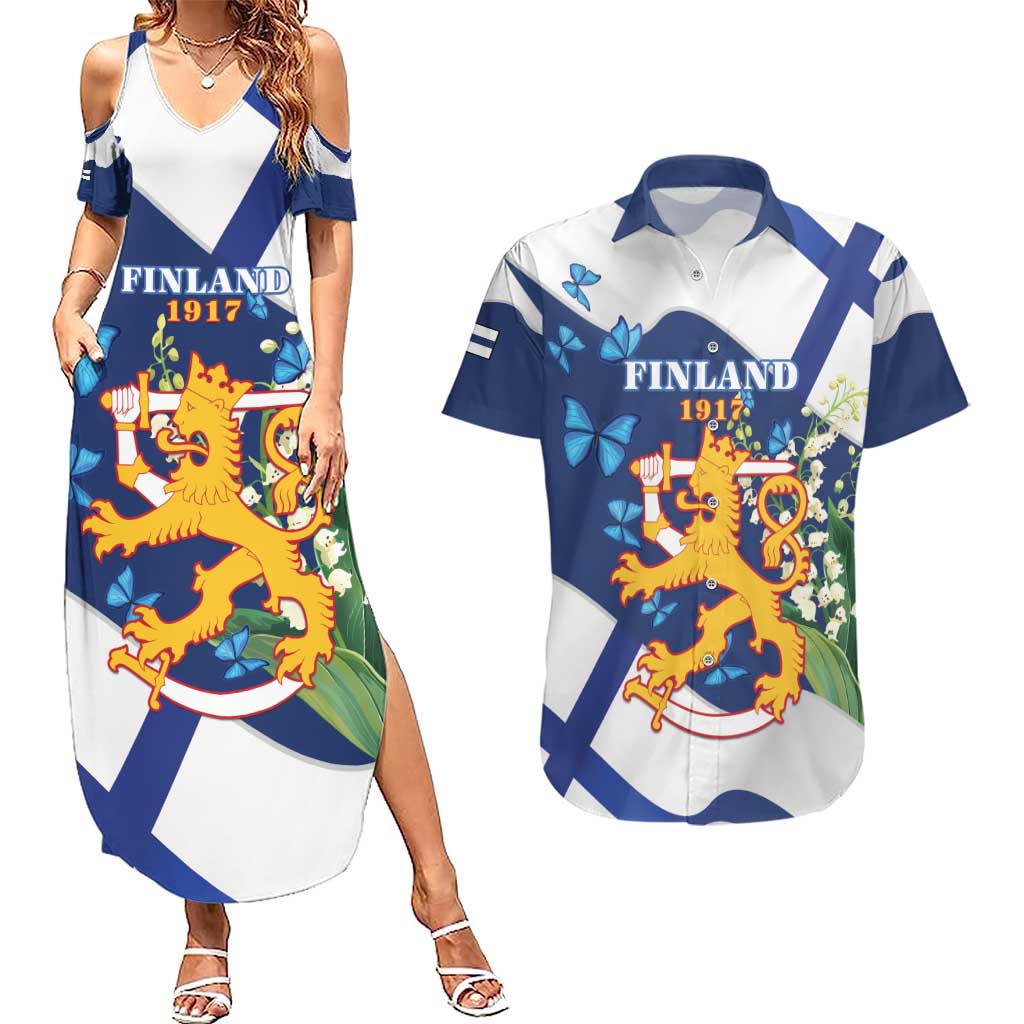 Personalised Finland Independence Day Couples Matching Summer Maxi Dress and Hawaiian Shirt Lily Of The Valley Mix Holly Blue - Coat Of Arms Style - Wonder Print Shop