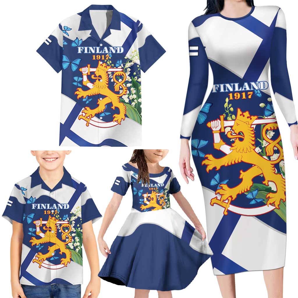 Personalised Finland Independence Day Family Matching Long Sleeve Bodycon Dress and Hawaiian Shirt Lily Of The Valley Mix Holly Blue - Coat Of Arms Style - Wonder Print Shop