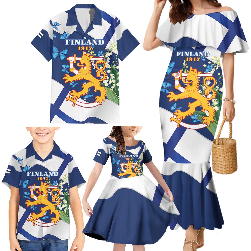 Personalised Finland Independence Day Family Matching Mermaid Dress and Hawaiian Shirt Lily Of The Valley Mix Holly Blue - Coat Of Arms Style - Wonder Print Shop