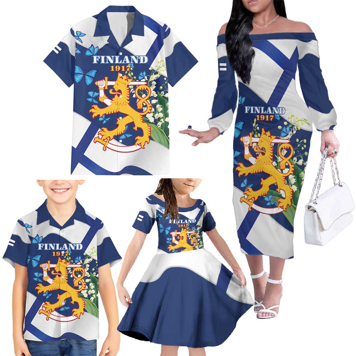 Personalised Finland Independence Day Family Matching Off The Shoulder Long Sleeve Dress and Hawaiian Shirt Lily Of The Valley Mix Holly Blue - Coat Of Arms Style - Wonder Print Shop