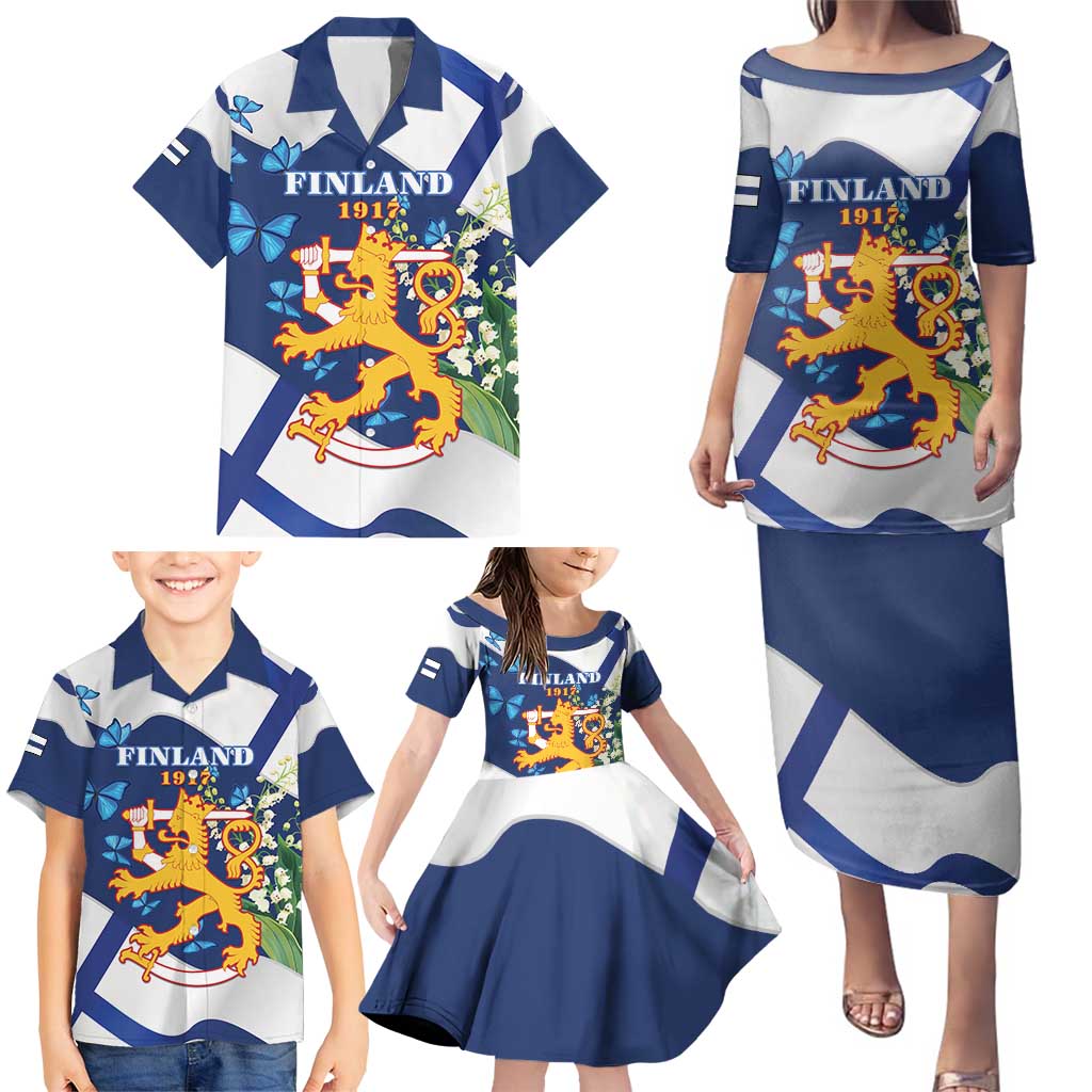 Personalised Finland Independence Day Family Matching Puletasi and Hawaiian Shirt Lily Of The Valley Mix Holly Blue - Coat Of Arms Style - Wonder Print Shop