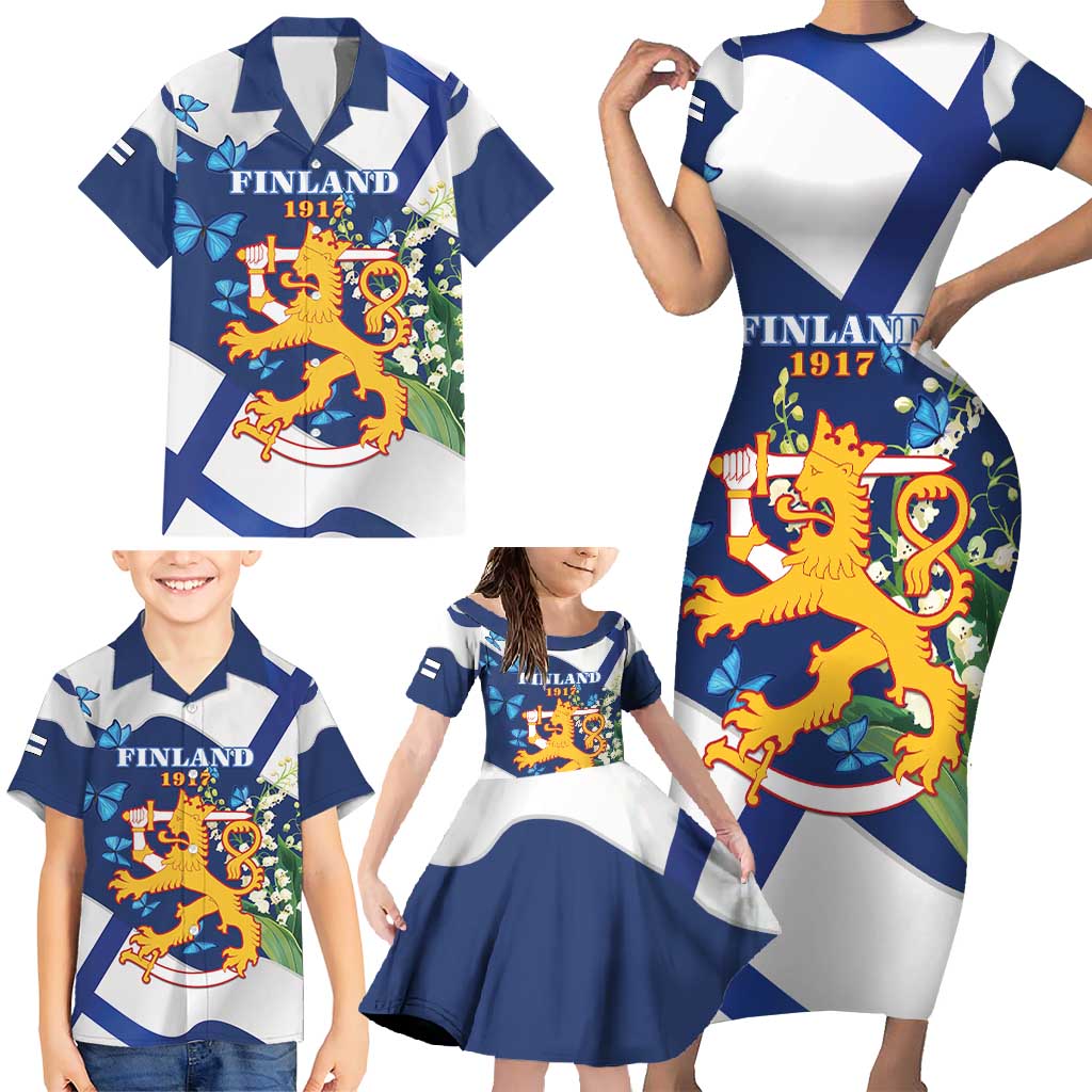 Personalised Finland Independence Day Family Matching Short Sleeve Bodycon Dress and Hawaiian Shirt Lily Of The Valley Mix Holly Blue - Coat Of Arms Style - Wonder Print Shop