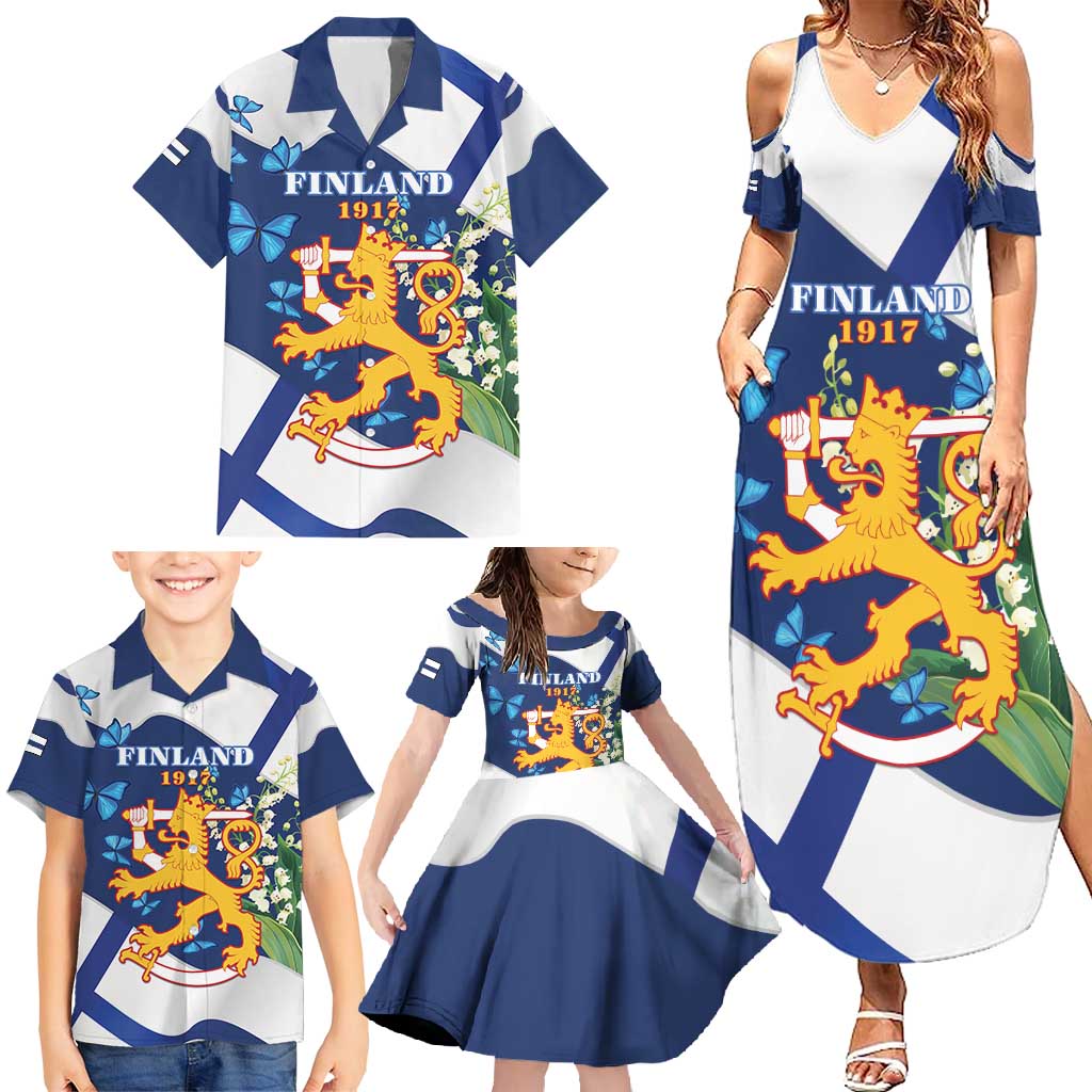 Personalised Finland Independence Day Family Matching Summer Maxi Dress and Hawaiian Shirt Lily Of The Valley Mix Holly Blue - Coat Of Arms Style - Wonder Print Shop