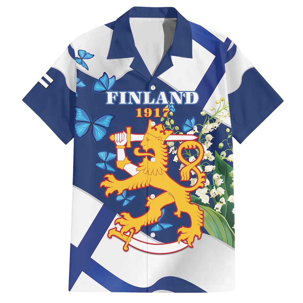 Personalised Finland Independence Day Hawaiian Shirt Lily Of The Valley Mix Holly Blue - Coat Of Arms Style - Wonder Print Shop