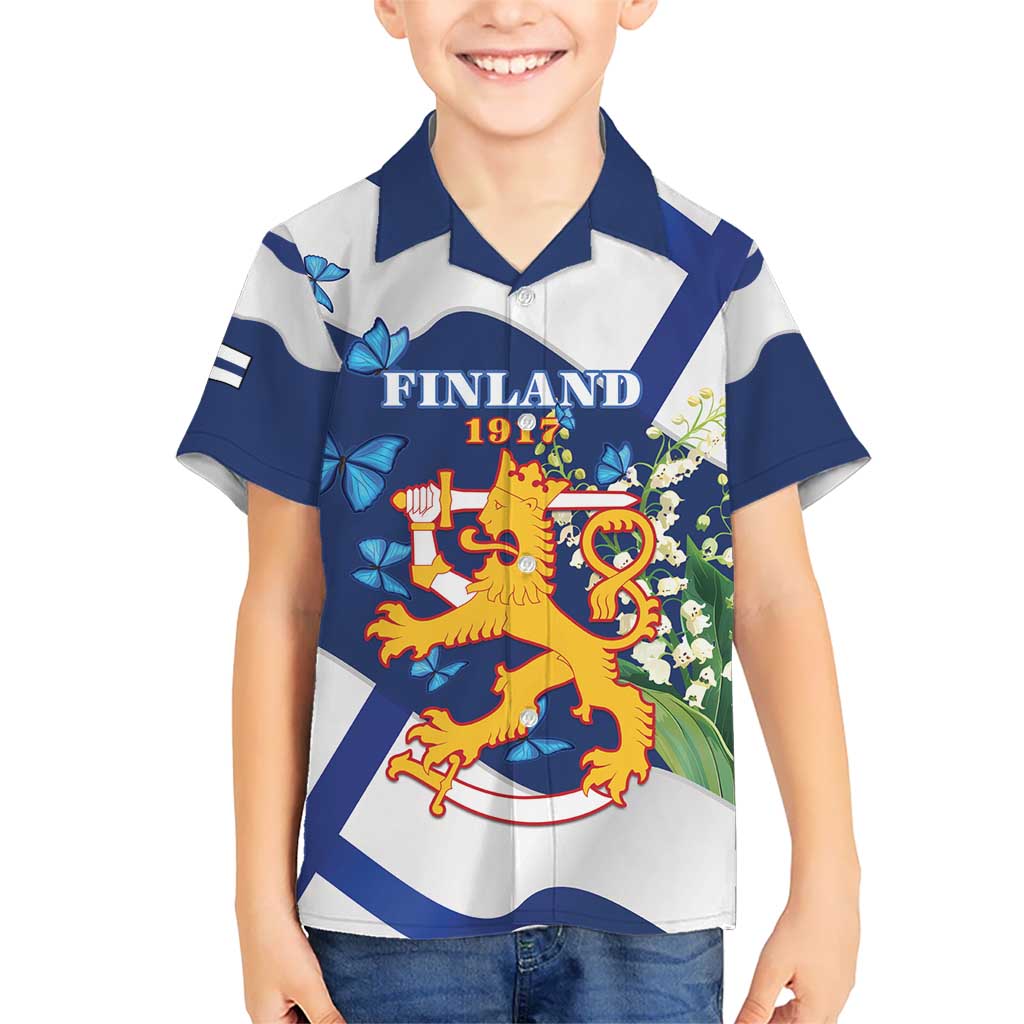 Personalised Finland Independence Day Kid Hawaiian Shirt Lily Of The Valley Mix Holly Blue - Coat Of Arms Style - Wonder Print Shop