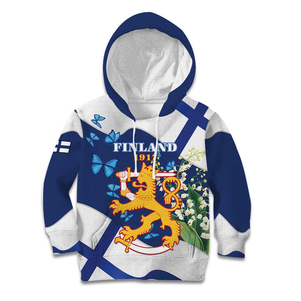 Personalised Finland Independence Day Kid Hoodie Lily Of The Valley Mix Holly Blue - Coat Of Arms Style - Wonder Print Shop