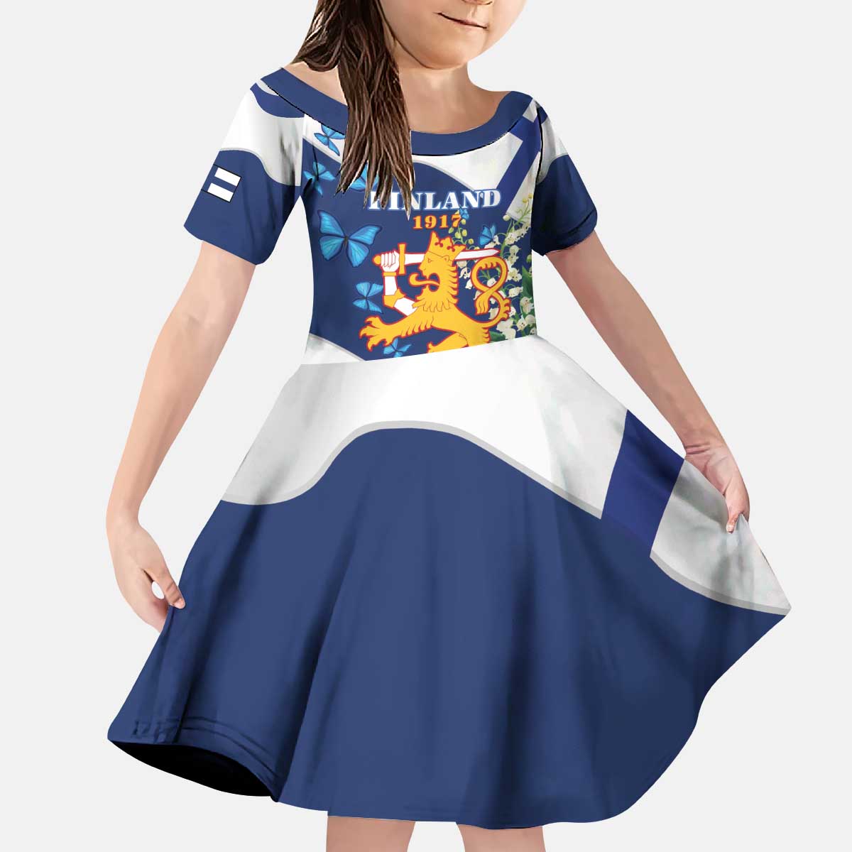 Personalised Finland Independence Day Kid Short Sleeve Dress Lily Of The Valley Mix Holly Blue - Coat Of Arms Style - Wonder Print Shop