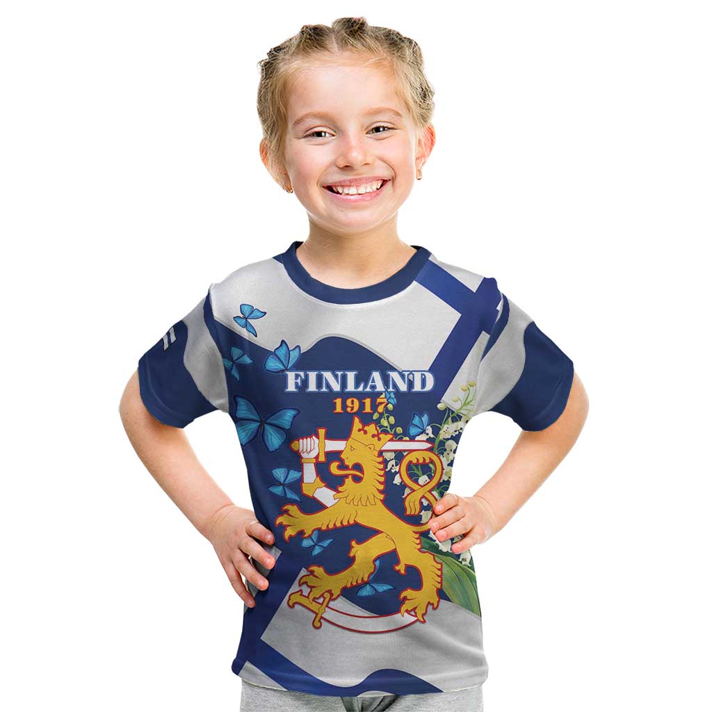 Personalised Finland Independence Day Kid T Shirt Lily Of The Valley Mix Holly Blue - Coat Of Arms Style - Wonder Print Shop