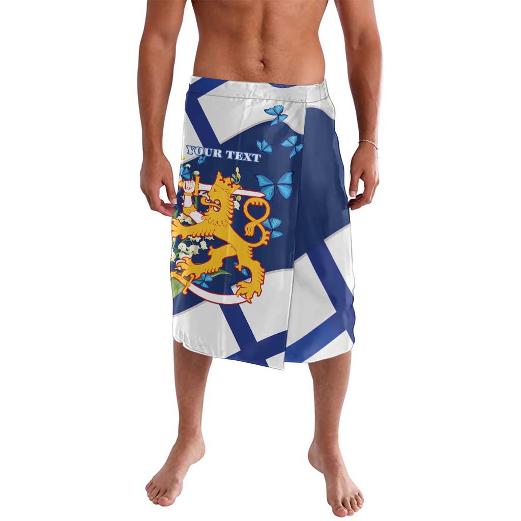 Blue and white personalized lavalava with coat of arms graphic and butterfly accents
