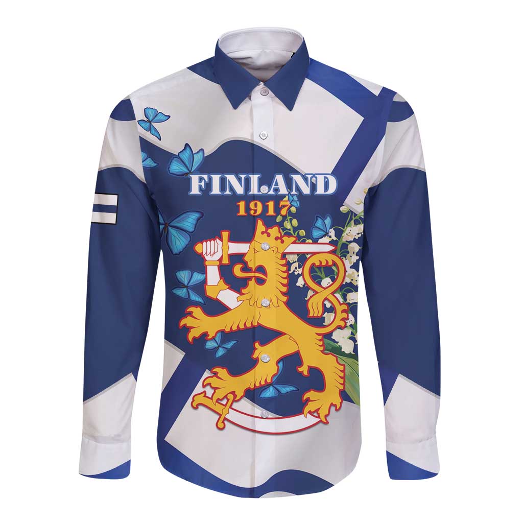 Unisex long-sleeve button shirt with blue/white coat of arms and butterfly graphics