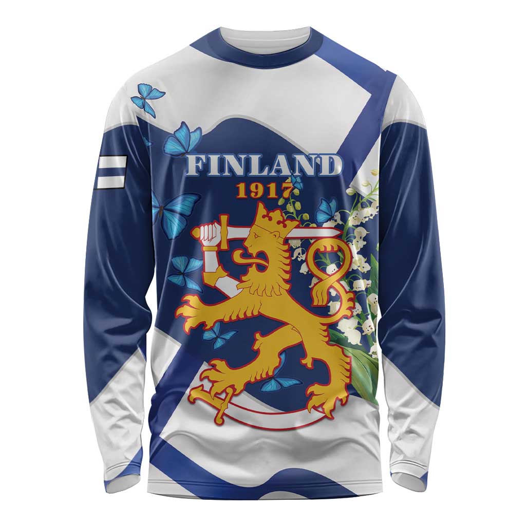 Personalised Finland Independence Day Long Sleeve Shirt Lily Of The Valley Mix Holly Blue - Coat Of Arms Style - Wonder Print Shop