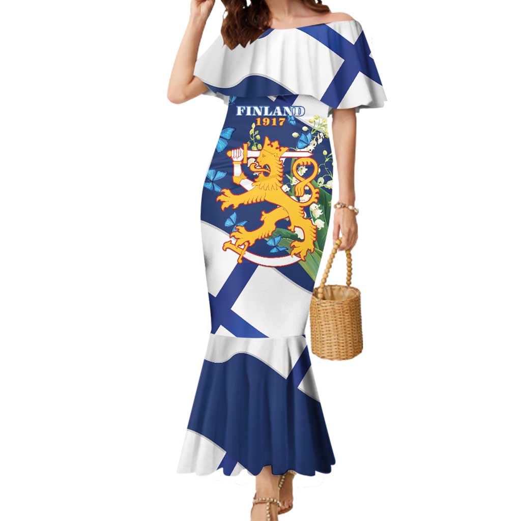 Personalised Finland Independence Day Mermaid Dress Lily Of The Valley Mix Holly Blue - Coat Of Arms Style - Wonder Print Shop