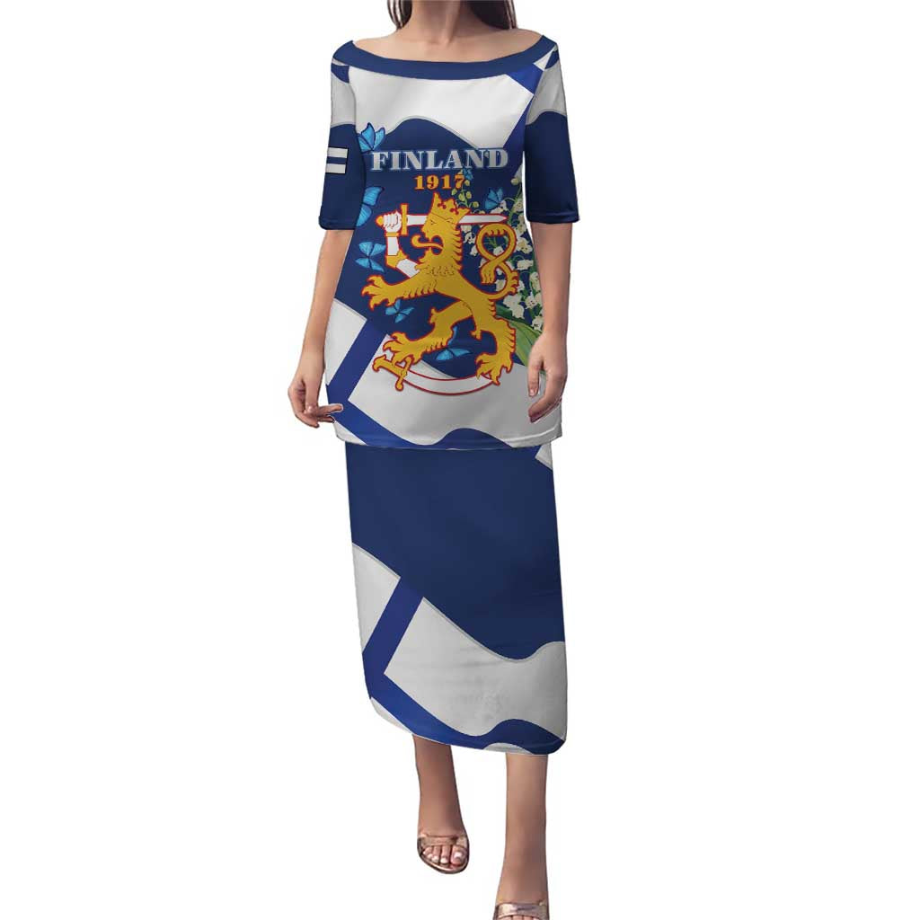 Personalised Finland Independence Day Puletasi Lily Of The Valley Mix Holly Blue - Coat Of Arms Style - Wonder Print Shop