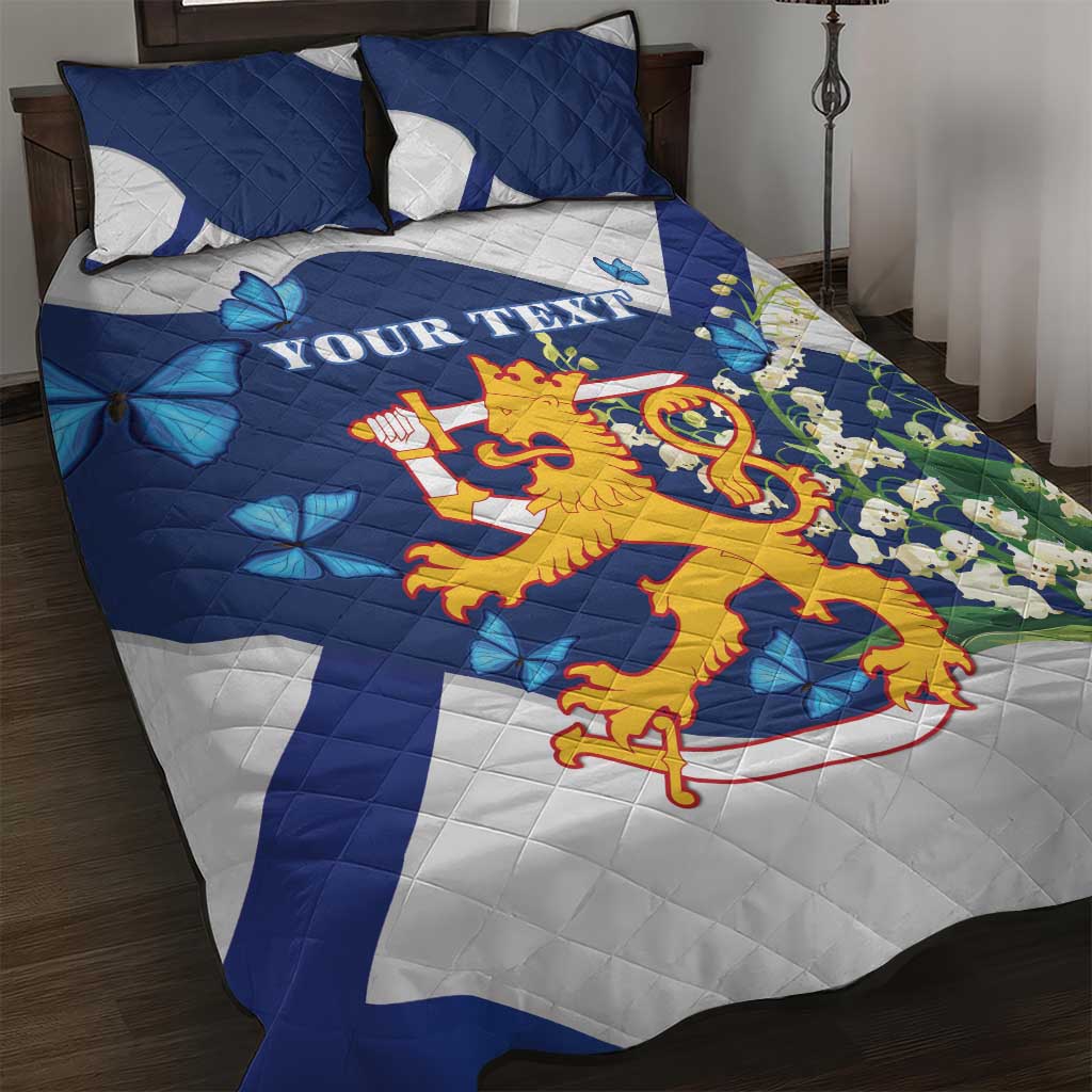 Personalised Finland Independence Day Quilt Bed Set Lily Of The Valley Mix Holly Blue - Coat Of Arms Style - Wonder Print Shop