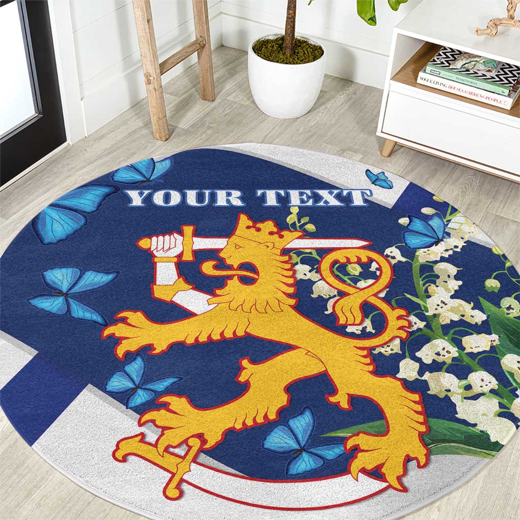 Personalized round decorative carpet, blue coat of arms with butterflies and custom text