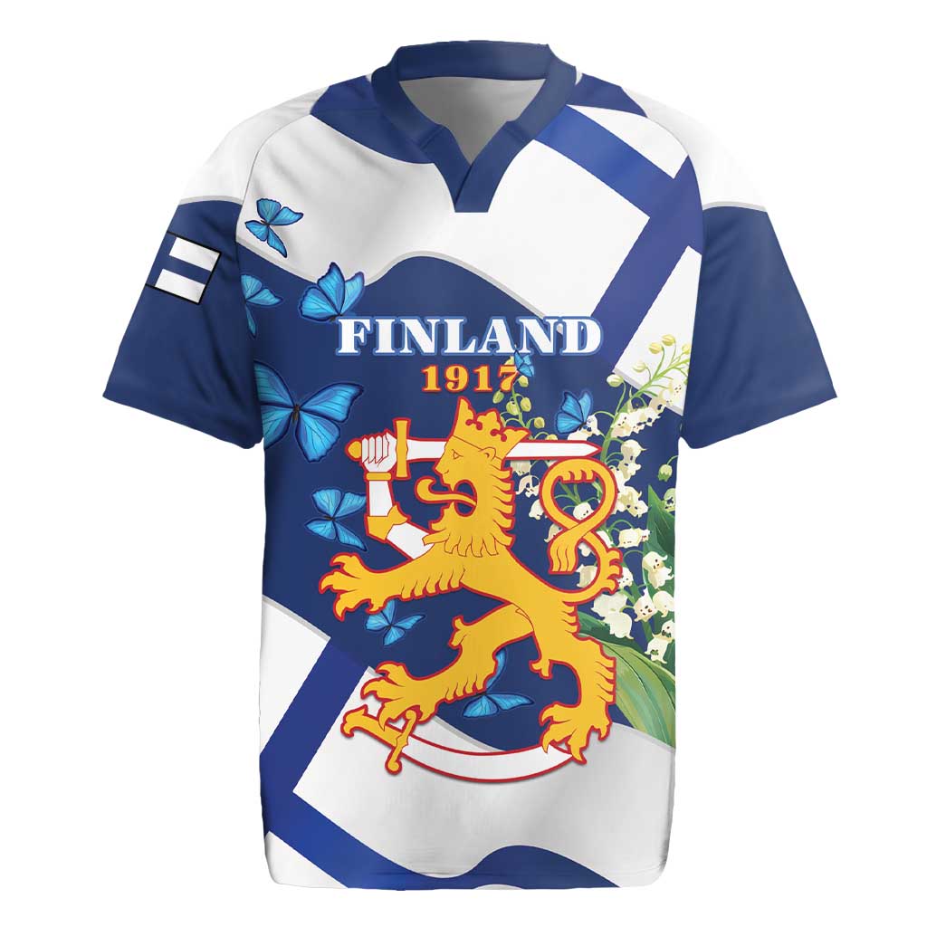 Personalised Finland Independence Day Rugby Jersey Lily Of The Valley Mix Holly Blue - Coat Of Arms Style - Wonder Print Shop