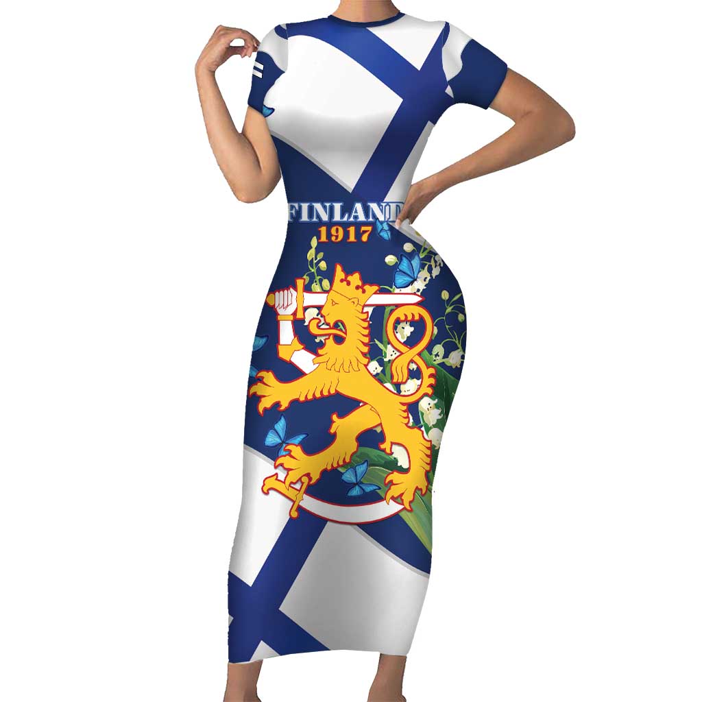 Personalised Finland Independence Day Short Sleeve Bodycon Dress Lily Of The Valley Mix Holly Blue - Coat Of Arms Style - Wonder Print Shop