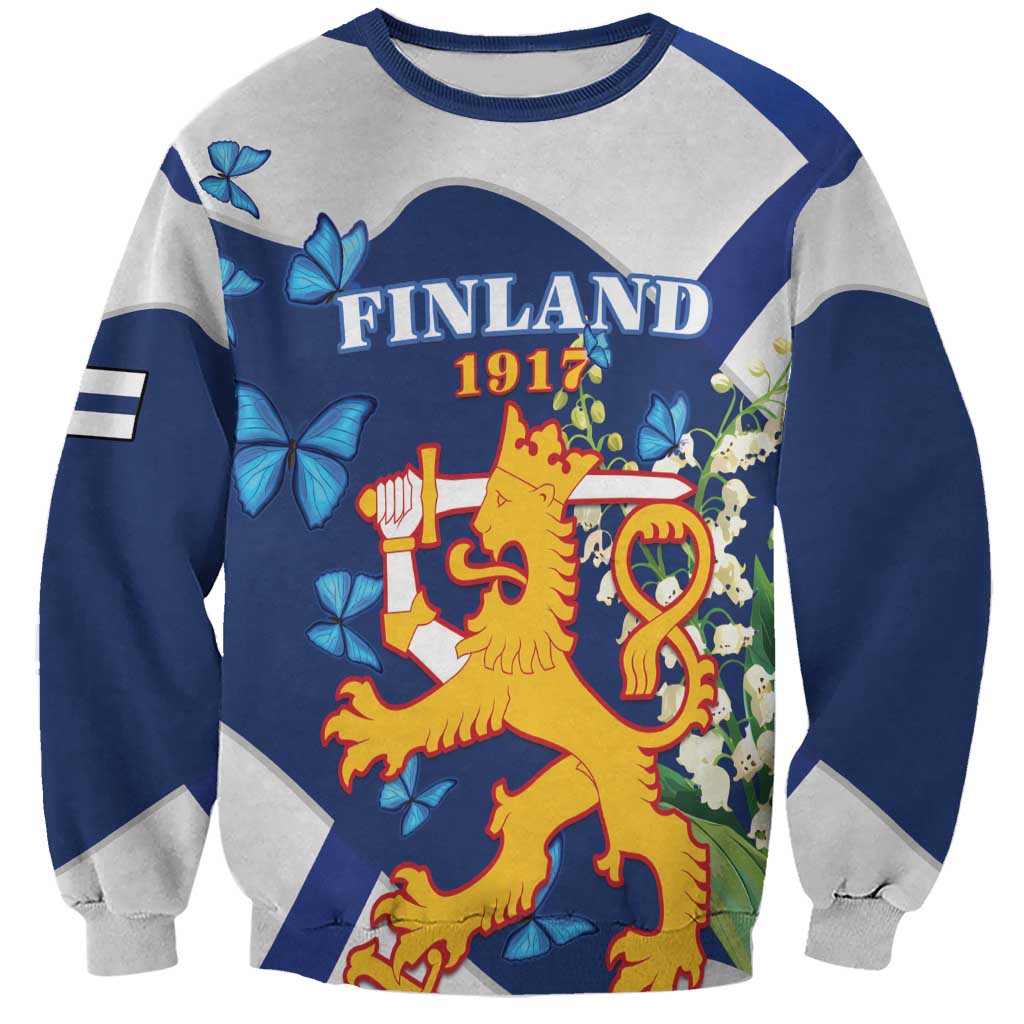 Blue and gray crewneck sweatshirt with Finland 1912 coat-of-arms graphic and butterflies