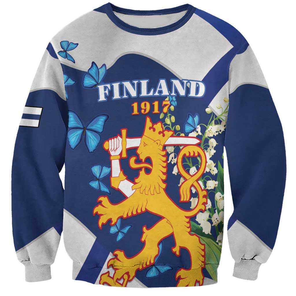 Personalised Finland Independence Day Sweatshirt Lily Of The Valley Mix Holly Blue - Coat Of Arms Style - Wonder Print Shop