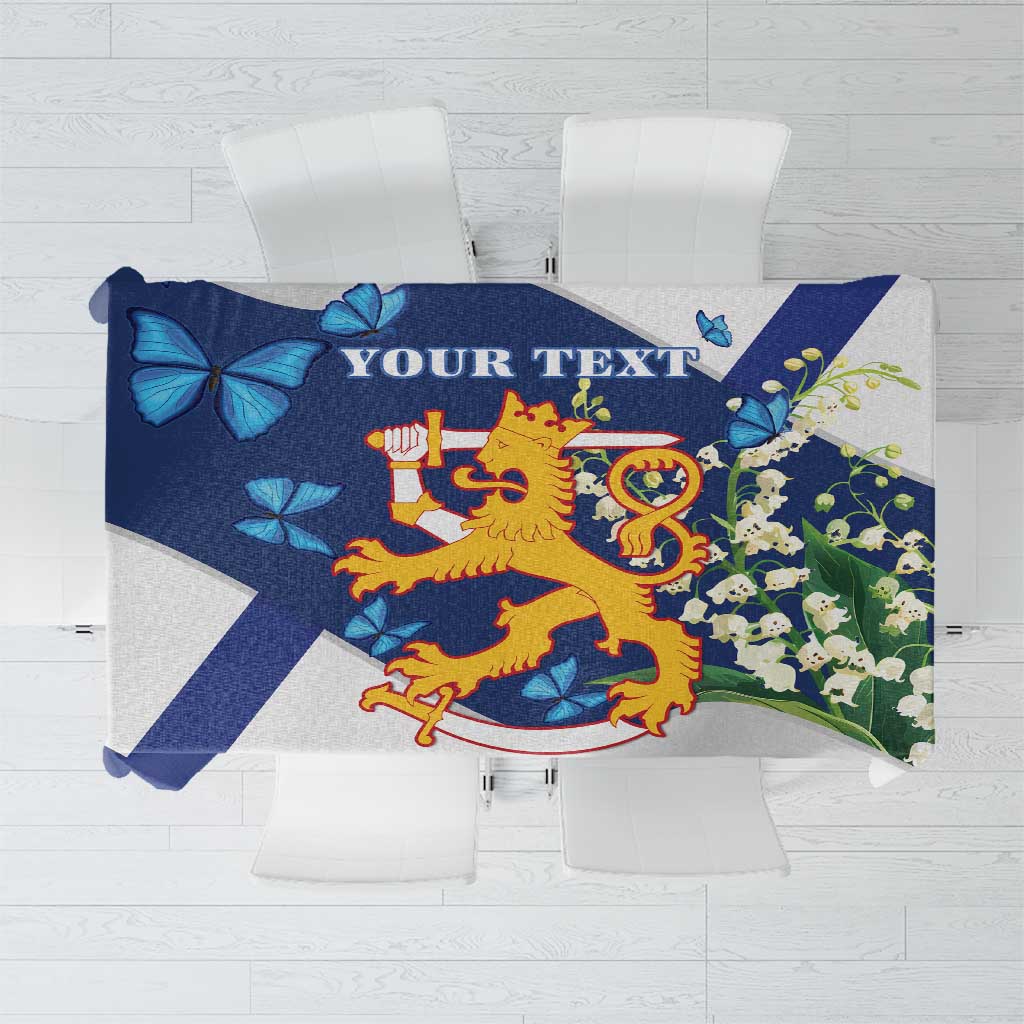 Personalised Independence Day tablecloth with blue coat-of-arms crest, butterflies, and floral border