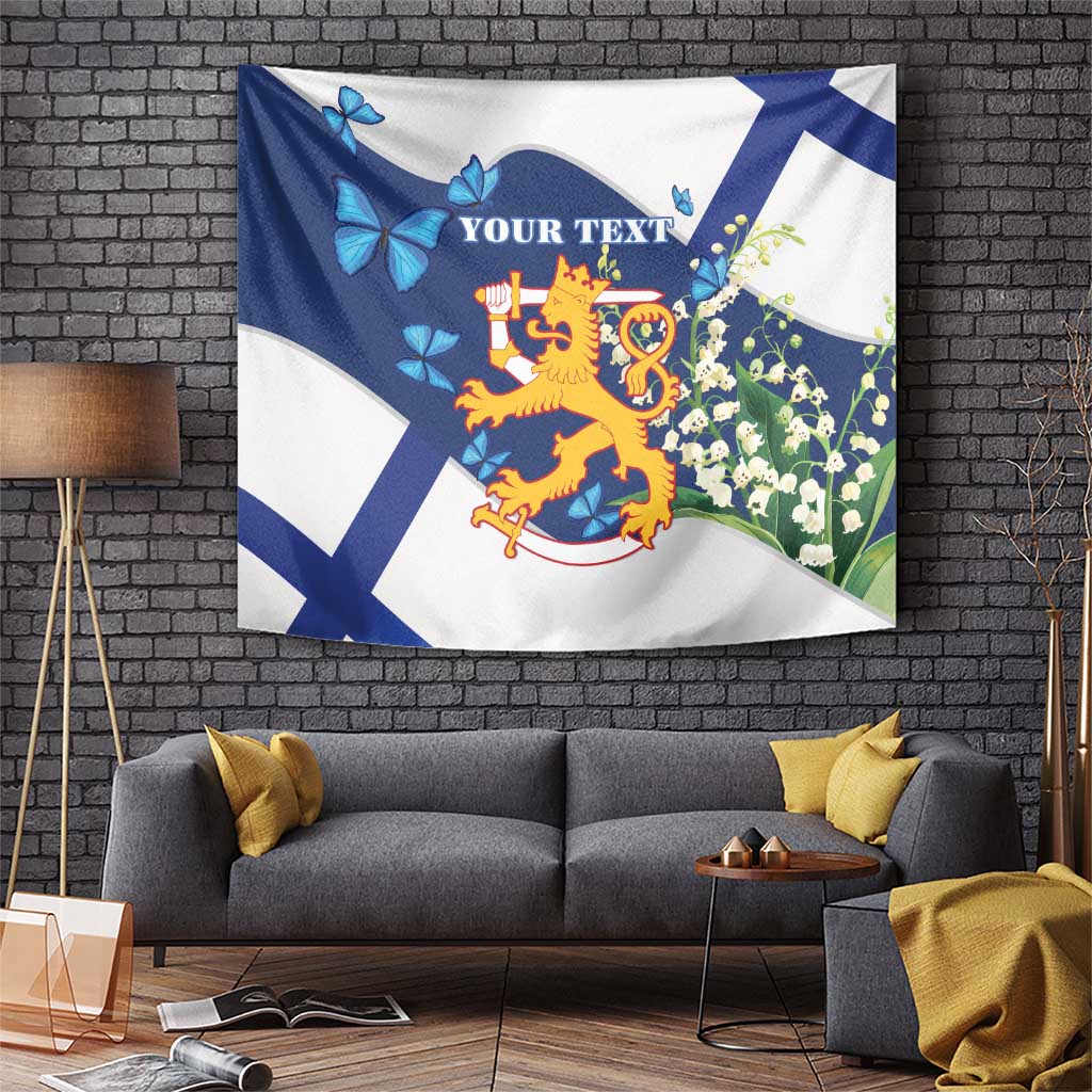 Blue, white and yellow coat-of-arms tapestry with butterflies, flowers and 'YOUR TEXT'