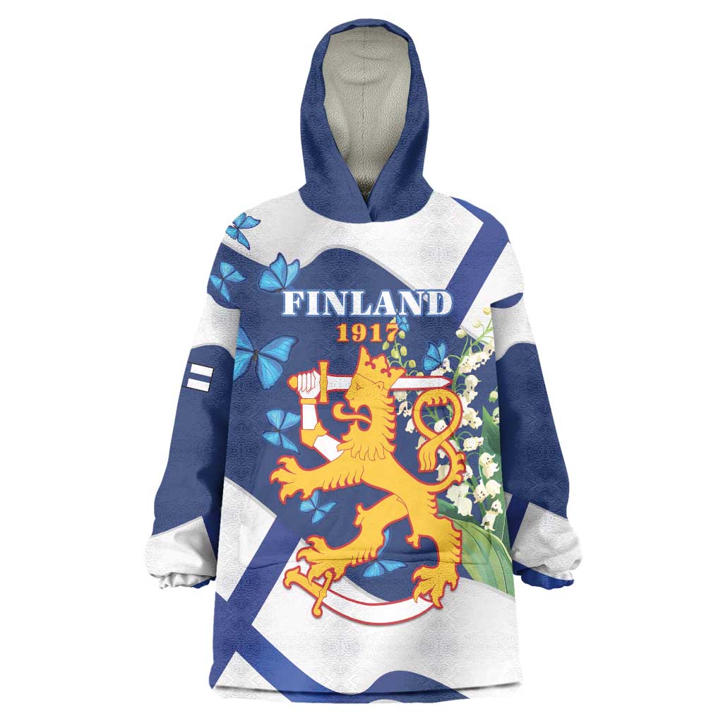 Personalised Finland Independence Day Wearable Blanket Hoodie Lily Of The Valley Mix Holly Blue - Coat Of Arms Style - Wonder Print Shop