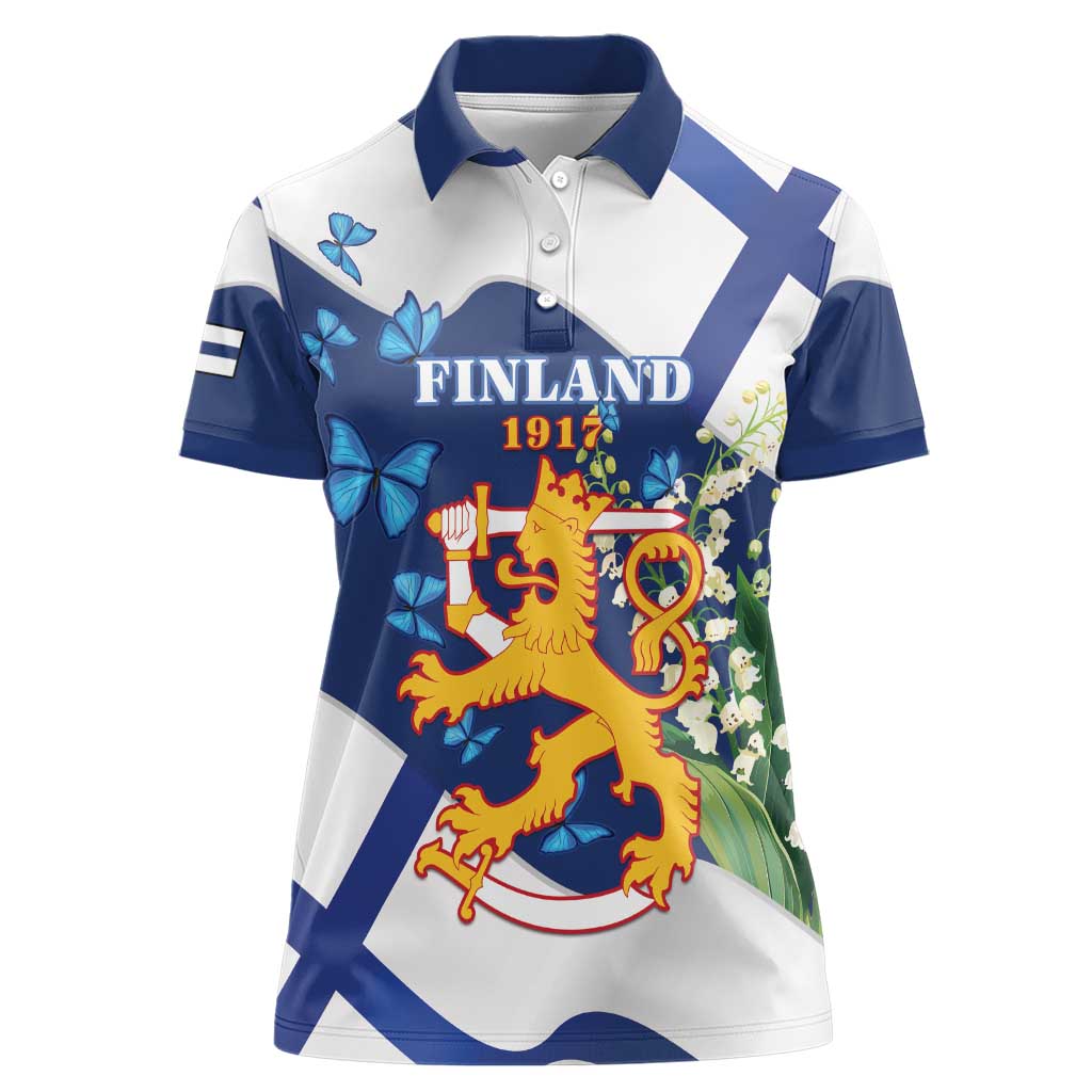 Personalised Finland Independence Day Women Polo Shirt Lily Of The Valley Mix Holly Blue - Coat Of Arms Style - Wonder Print Shop