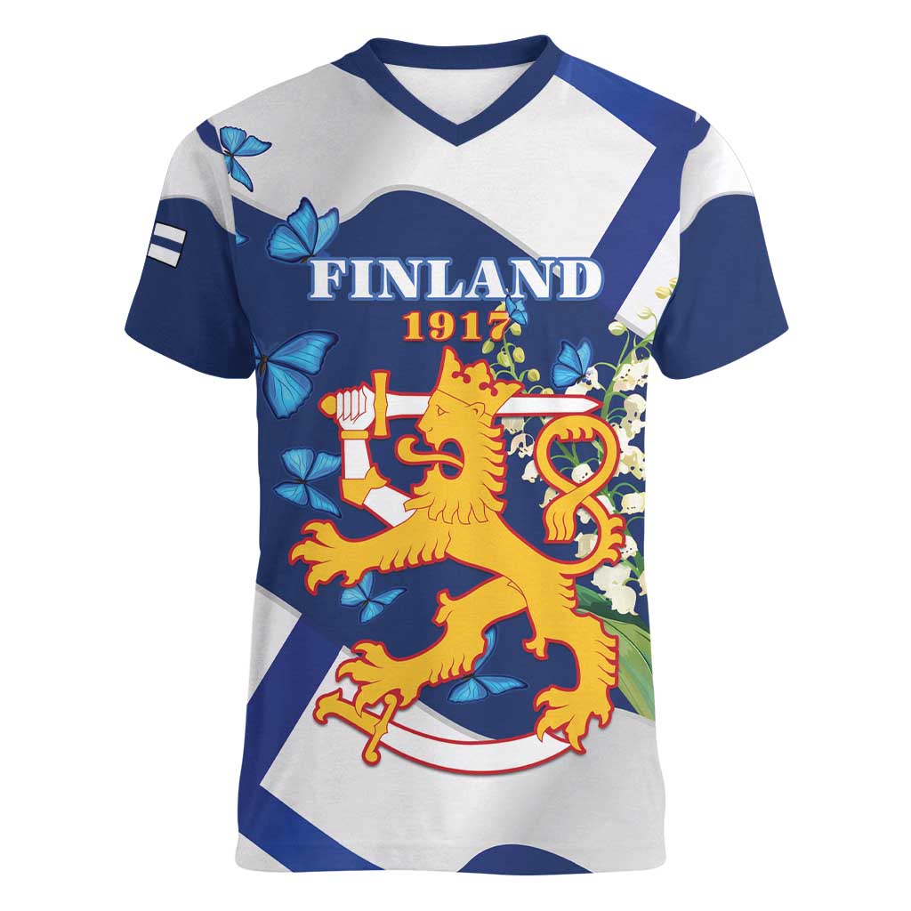 Personalised Finland Independence Day Women V-Neck T-Shirt Lily Of The Valley Mix Holly Blue - Coat Of Arms Style - Wonder Print Shop