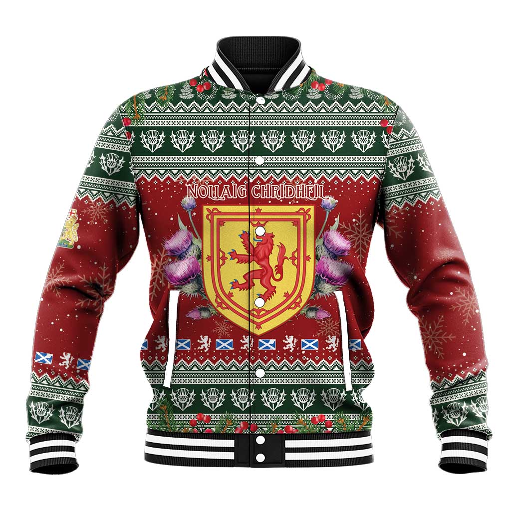 Red and green holiday baseball jacket with gold royal crest, thistle and ribbed trim